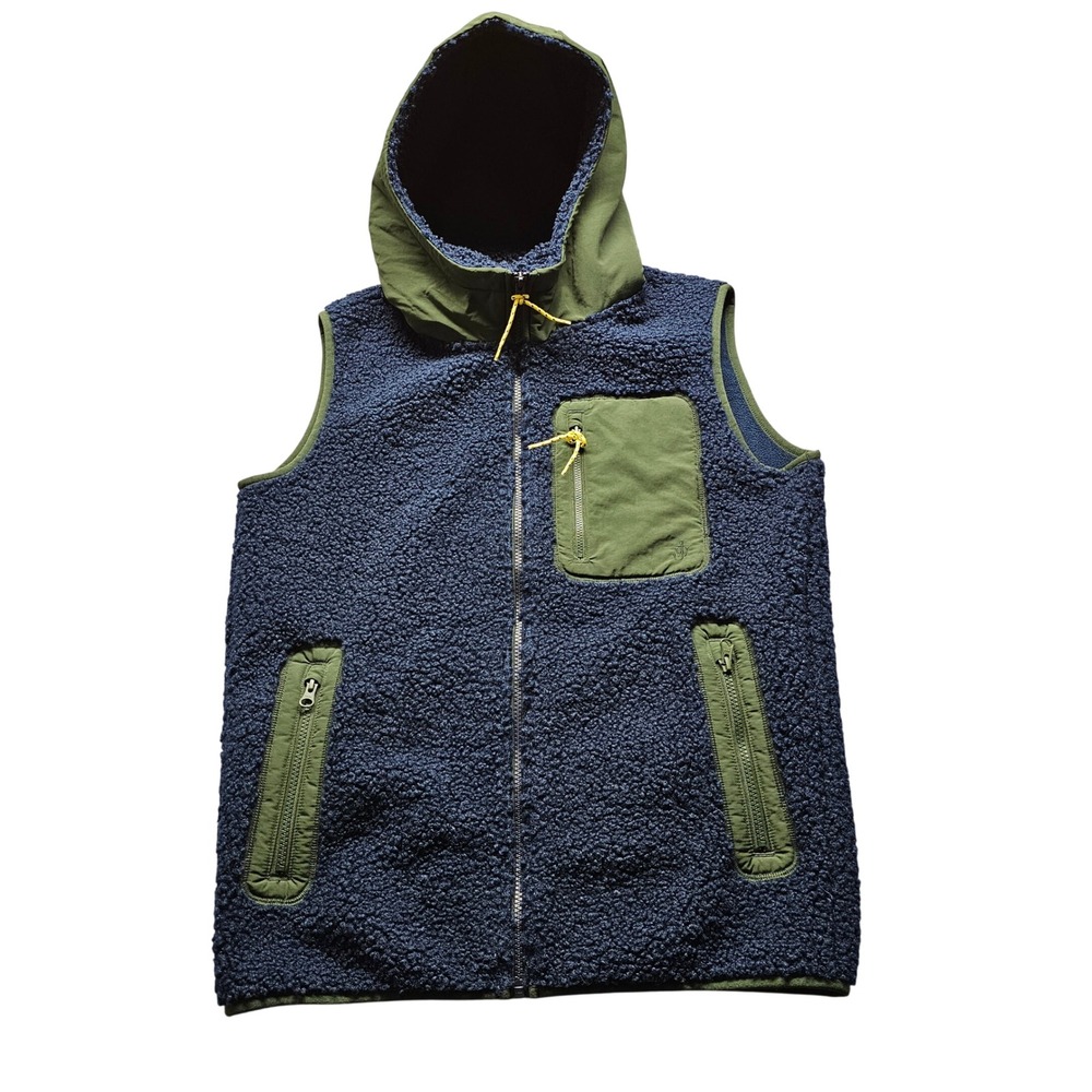 Uniqlo JW Anderson Fleece Hooded Vest Men L Navy Green Full Zip Sherpa Gorpcore